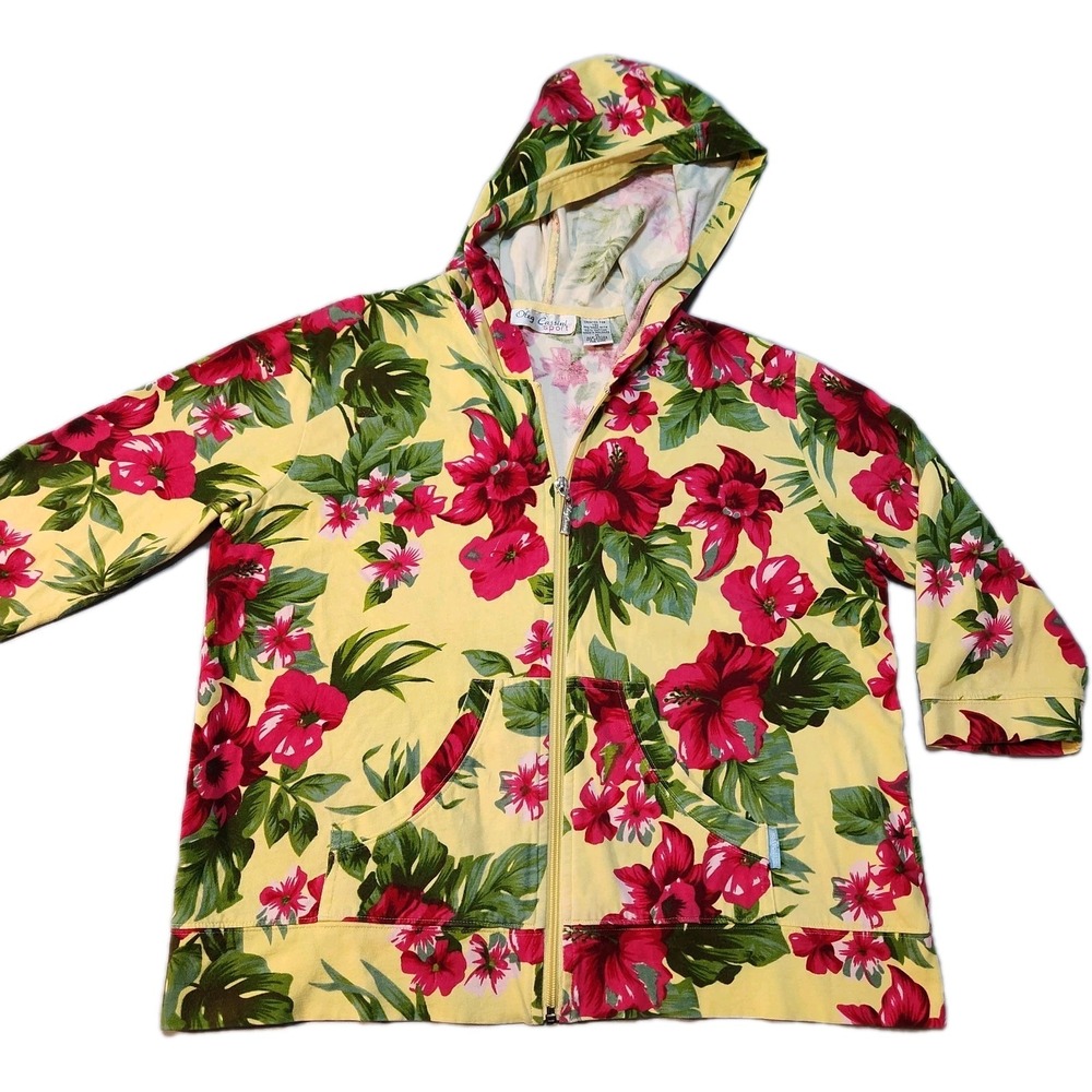 Vintage Oleg Cassini Tropical Floral Yellow Zip-Up Hoodie Size Medium 3/4 Sleeve